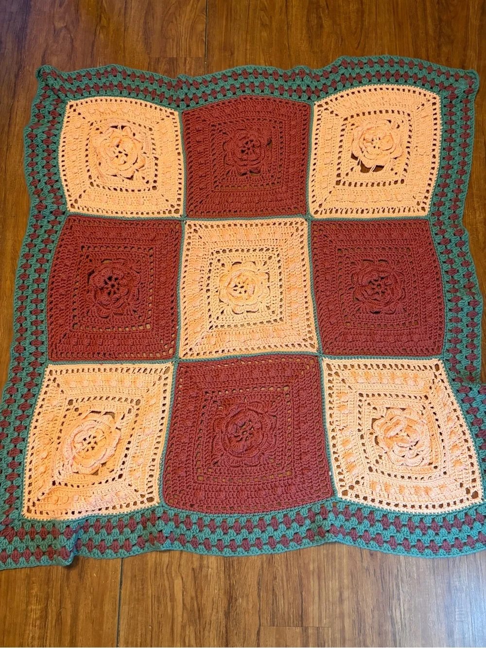 Vtg Granny Afghan Blanket 3D Flower Power Handmade Crochet 49X47” Cottagecore